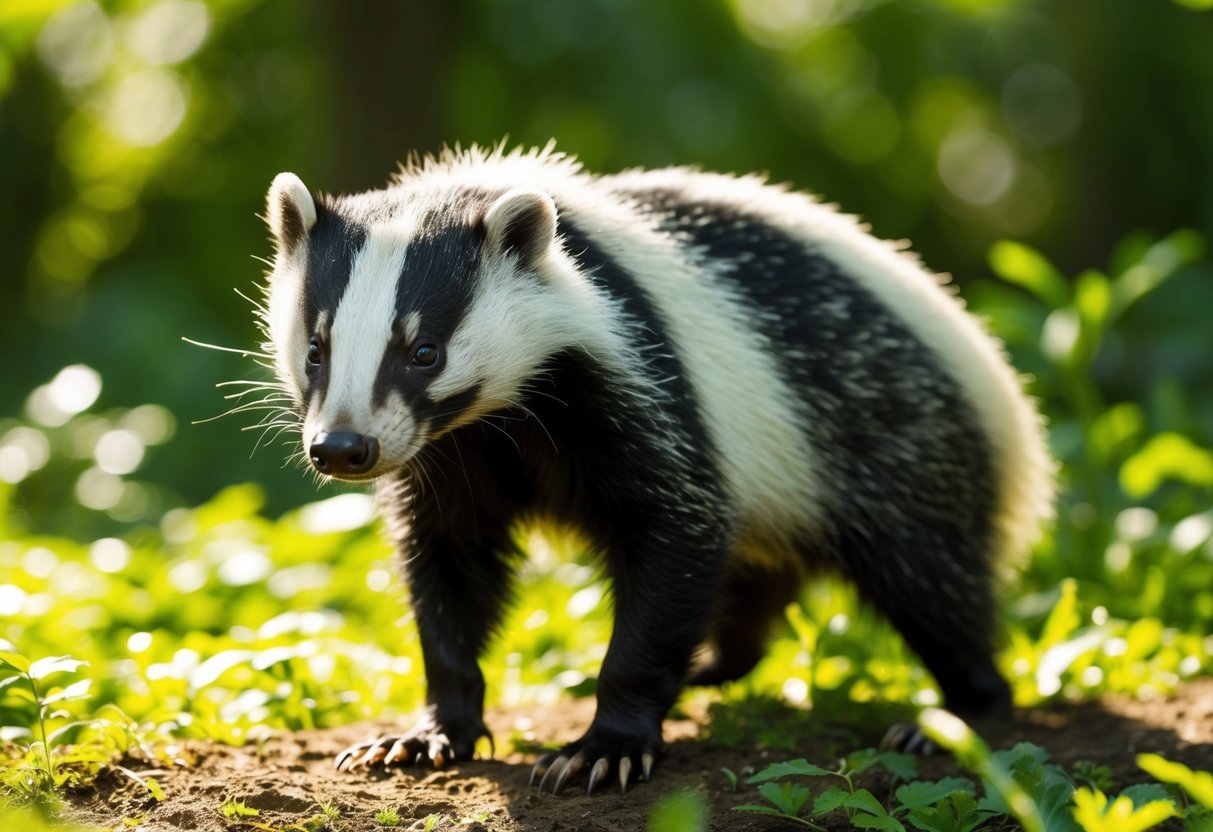 A badger stands in a lush green forest, its black and white fur blending into the dappled sunlight. The creature looks alert, its sharp claws digging into the earth as it sniffs the air