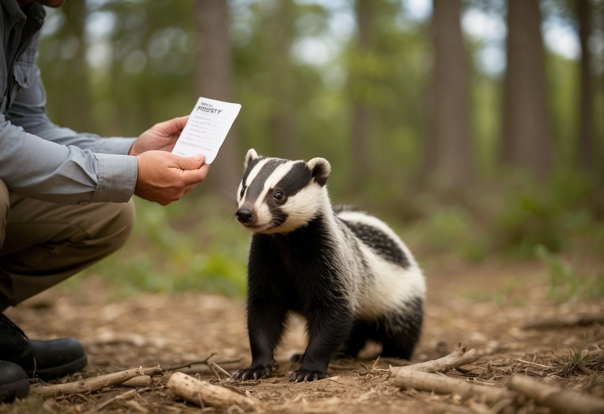 A person holding a permit while observing a badger in a forest clearing