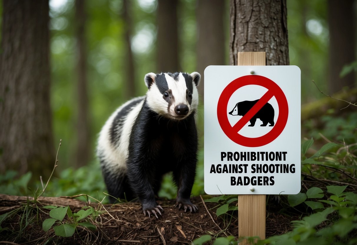 A badger in a forest, standing near a sign with a red circle and line through it, indicating a prohibition against shooting badgers