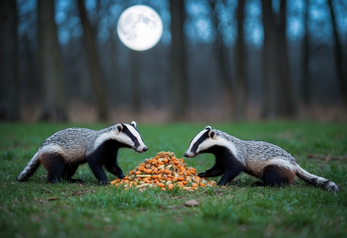 A moonlit forest clearing with a small pile of food surrounded by badgers