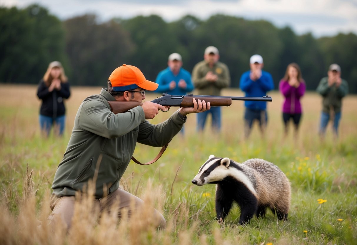 A person in a field, aiming a rifle at a badger while a group of people watch in disapproval from a distance