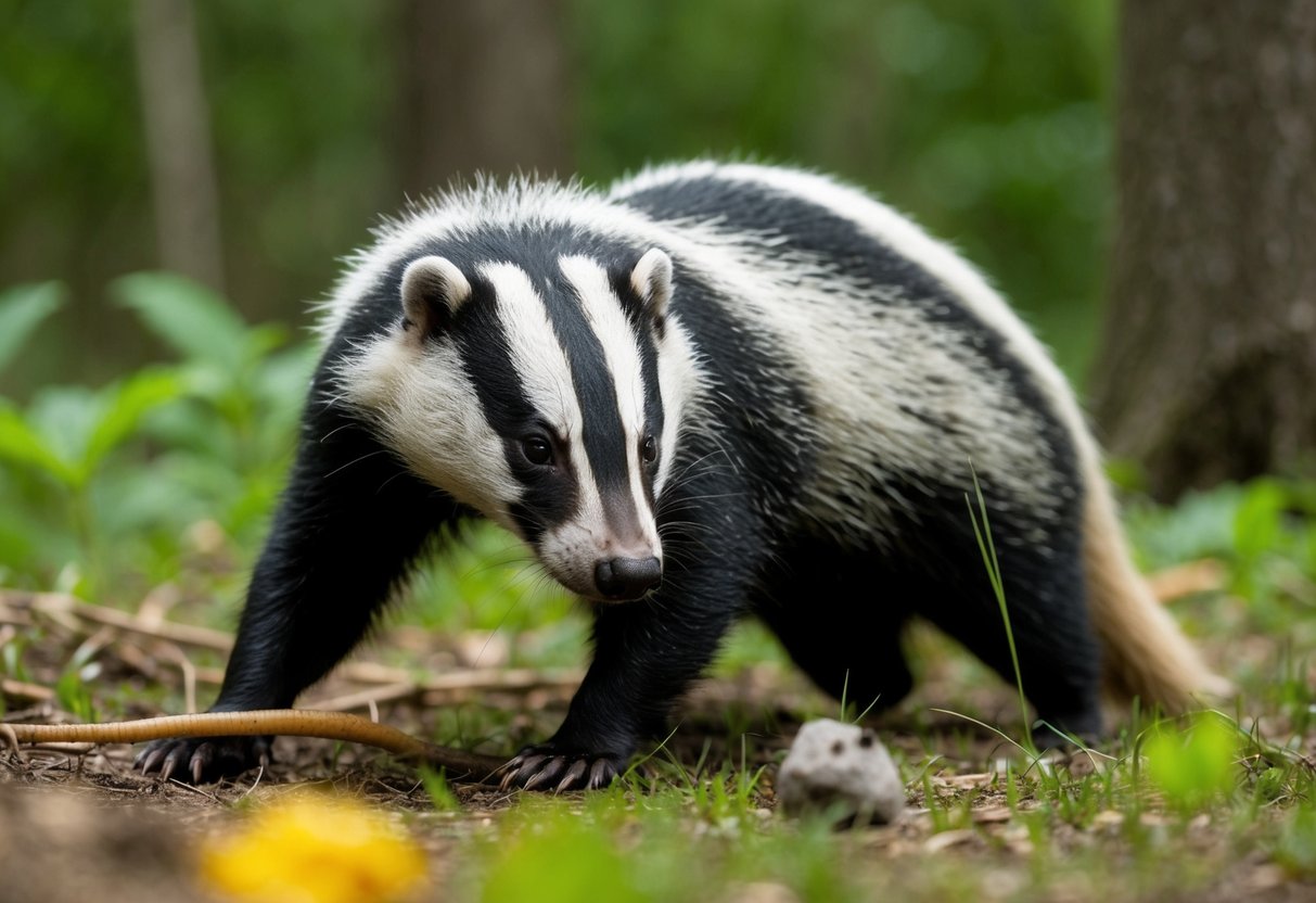 A badger forages through the forest, sniffing out insects, worms, and small mammals for its natural diet