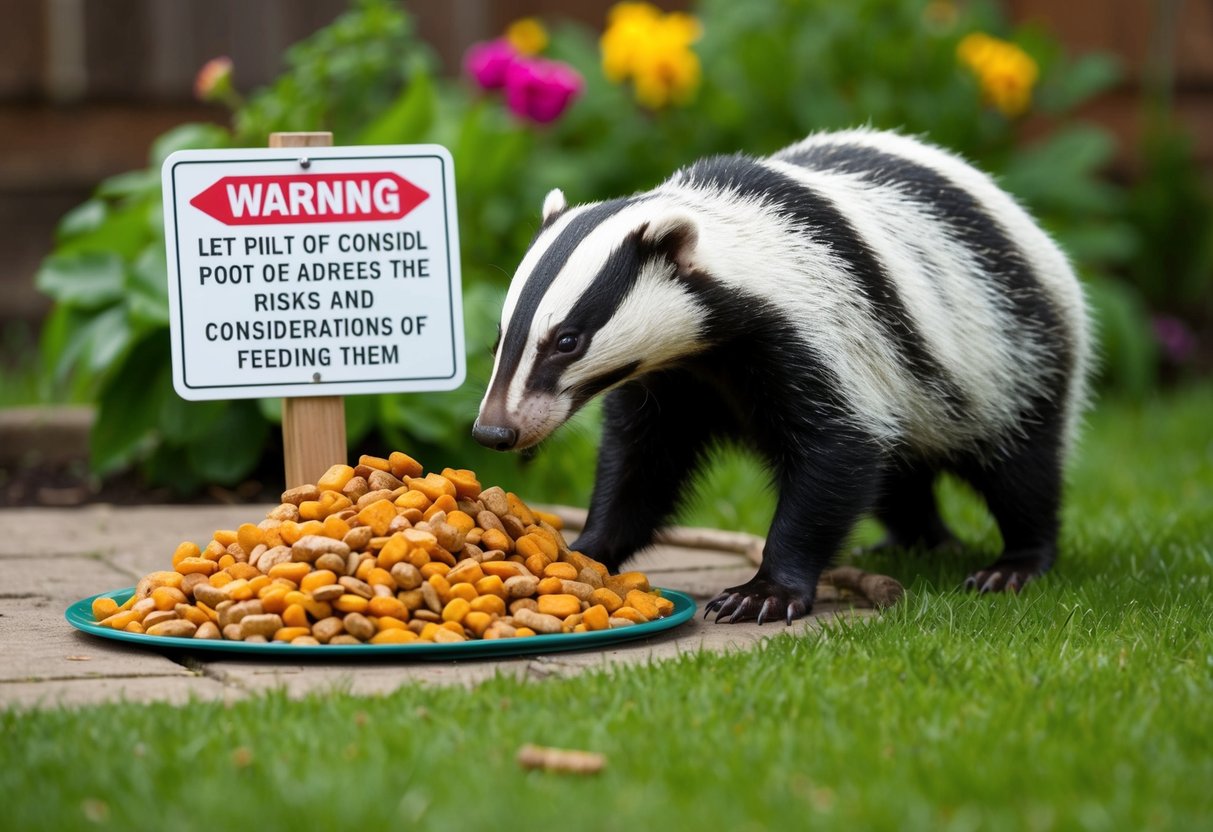 A badger cautiously approaches a pile of food left out in a garden, while a sign nearby warns of the risks and considerations of feeding them