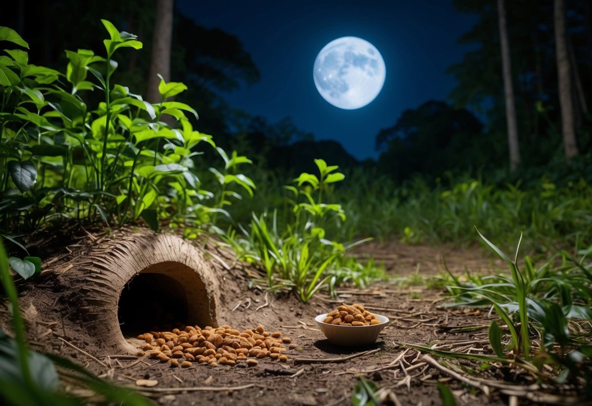 A moonlit forest clearing with a small bowl of food placed on the ground, surrounded by lush vegetation and a burrow entrance