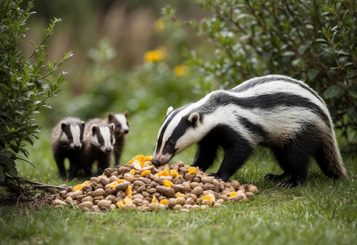 A badger sniffs at a pile of food left out, as smaller animals cautiously watch from the surrounding bushes. The ecosystem is disrupted by the presence of the food