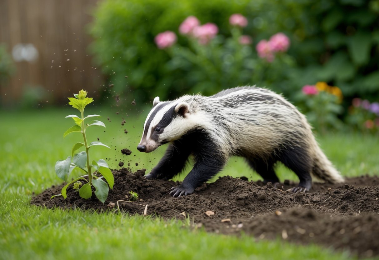 A badger digging up a garden, scattering plants and soil