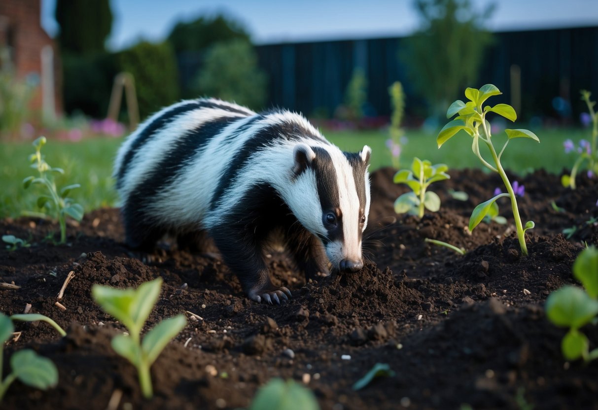 A badger digging up a garden at dusk, surrounded by scattered plants and overturned soil