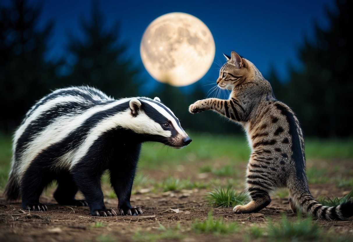 A badger and a cat face off in a moonlit forest clearing. The badger sniffs the air while the cat arches its back defensively