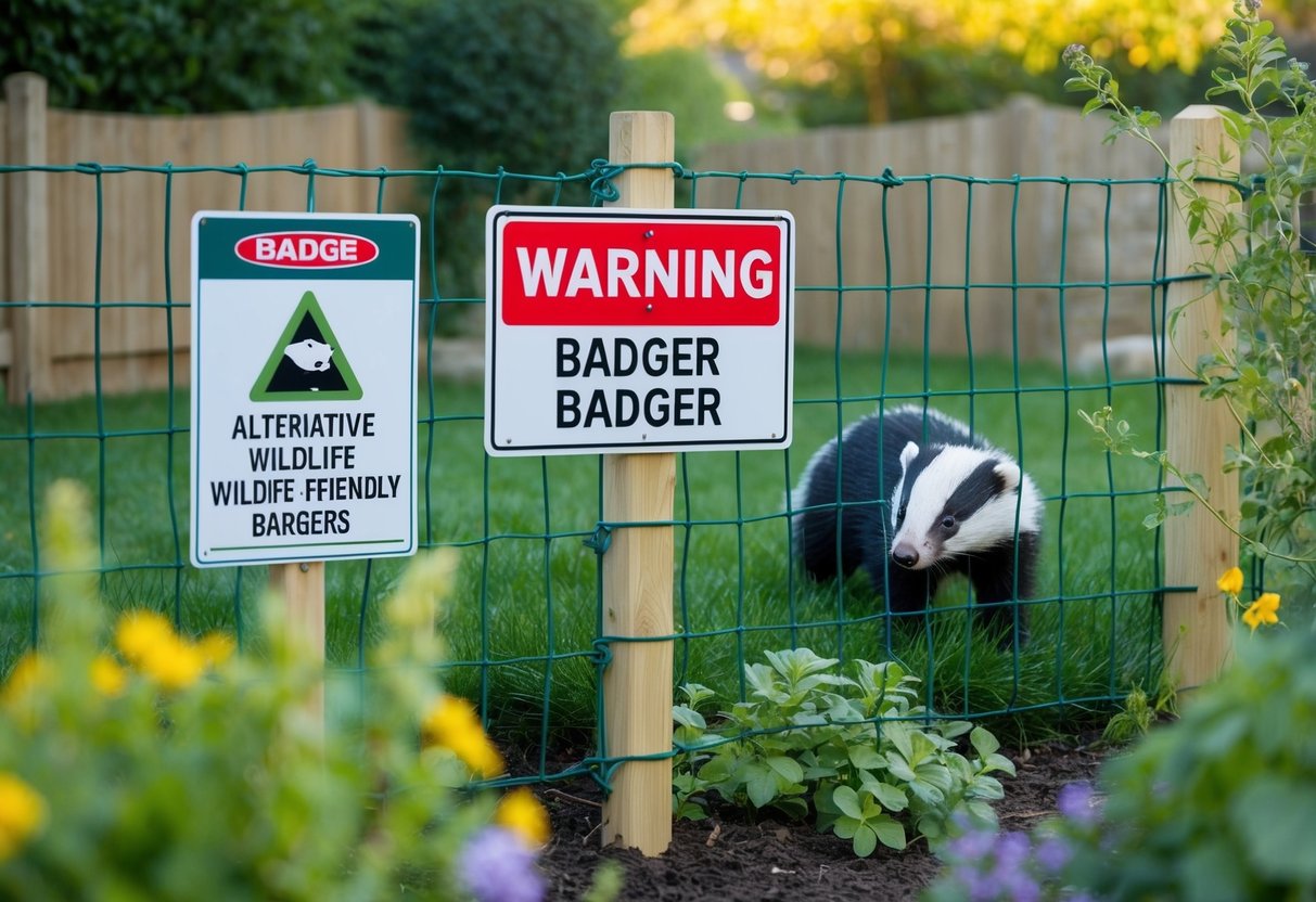A garden with a fence and signs warning against badgers, surrounded by alternative wildlife-friendly barriers and plants