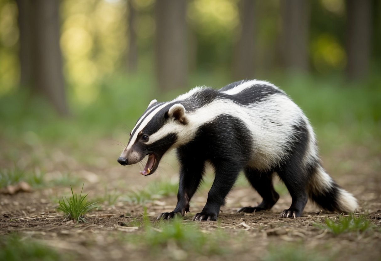 A badger bites a dog's tail in a forest clearing
