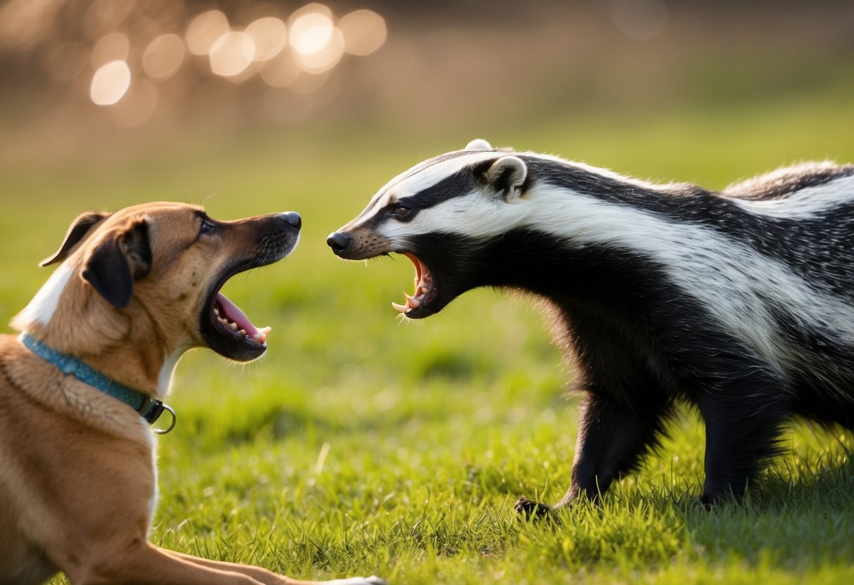 A badger bares its teeth at a barking dog, while the dog cowers in fear