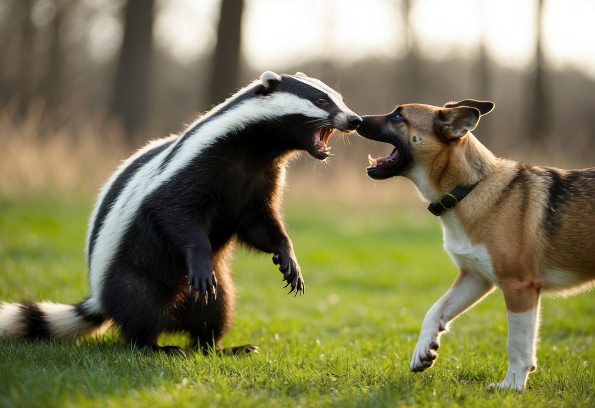 A badger snarls at a barking dog, its sharp teeth bared as it defends its habitat
