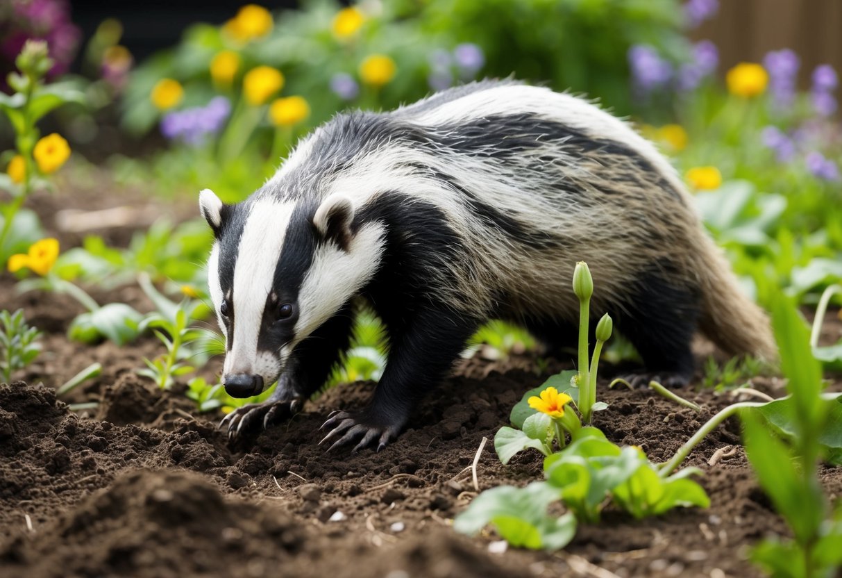 A badger digs in a garden, surrounded by overturned soil and scattered plants