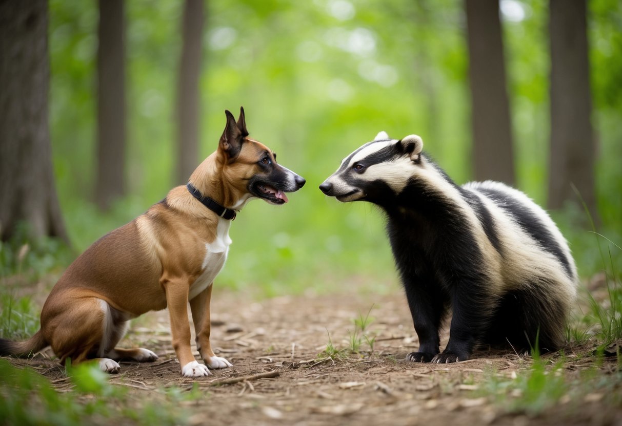 A dog and badger face off in a forest clearing, with a tense standoff as they stare at each other