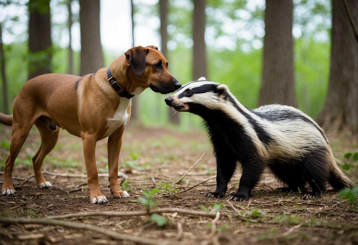 A dog and a badger face each other in a forest clearing, surrounded by trees and underbrush. The dog looks curious but cautious, while the badger appears alert and ready to defend itself
