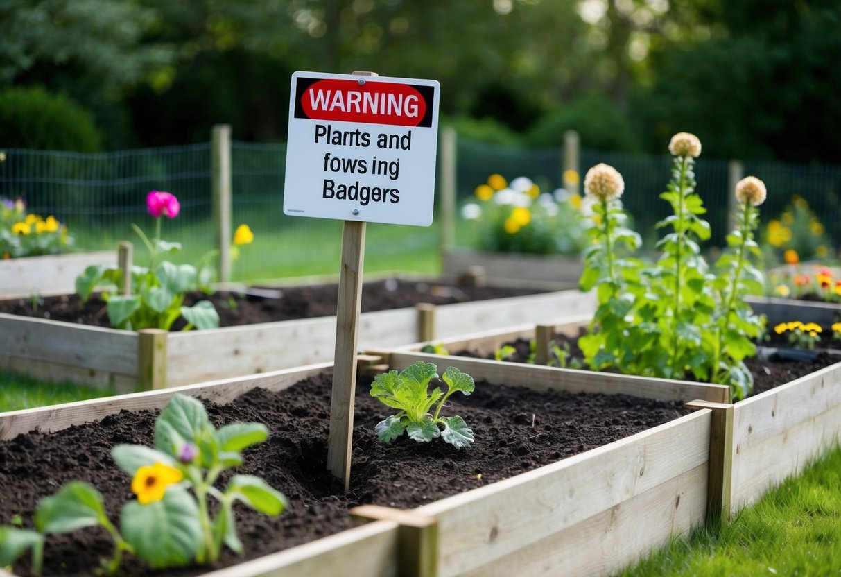 A garden with raised beds and fencing, with a sign warning of badgers. Plants and flowers show signs of being dug up