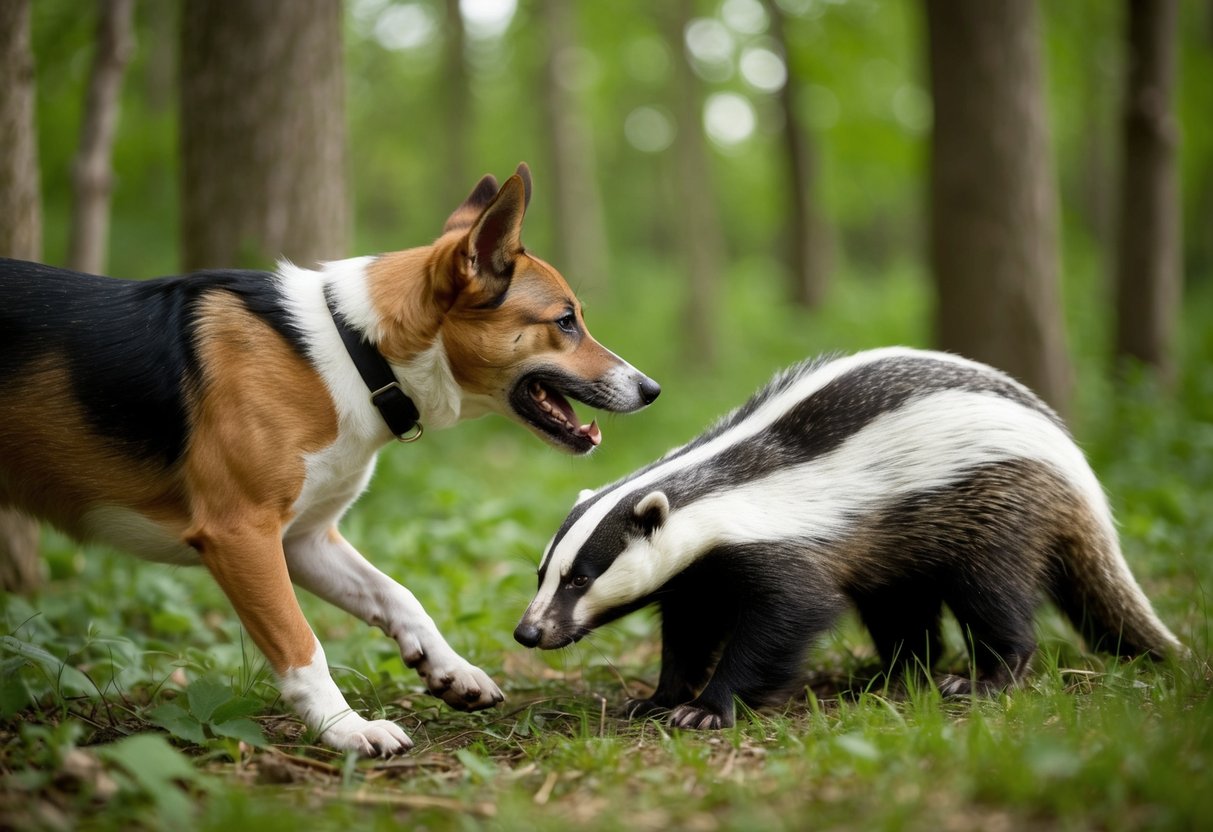 A dog encountering a badger in the woods, with the badger showing signs of illness