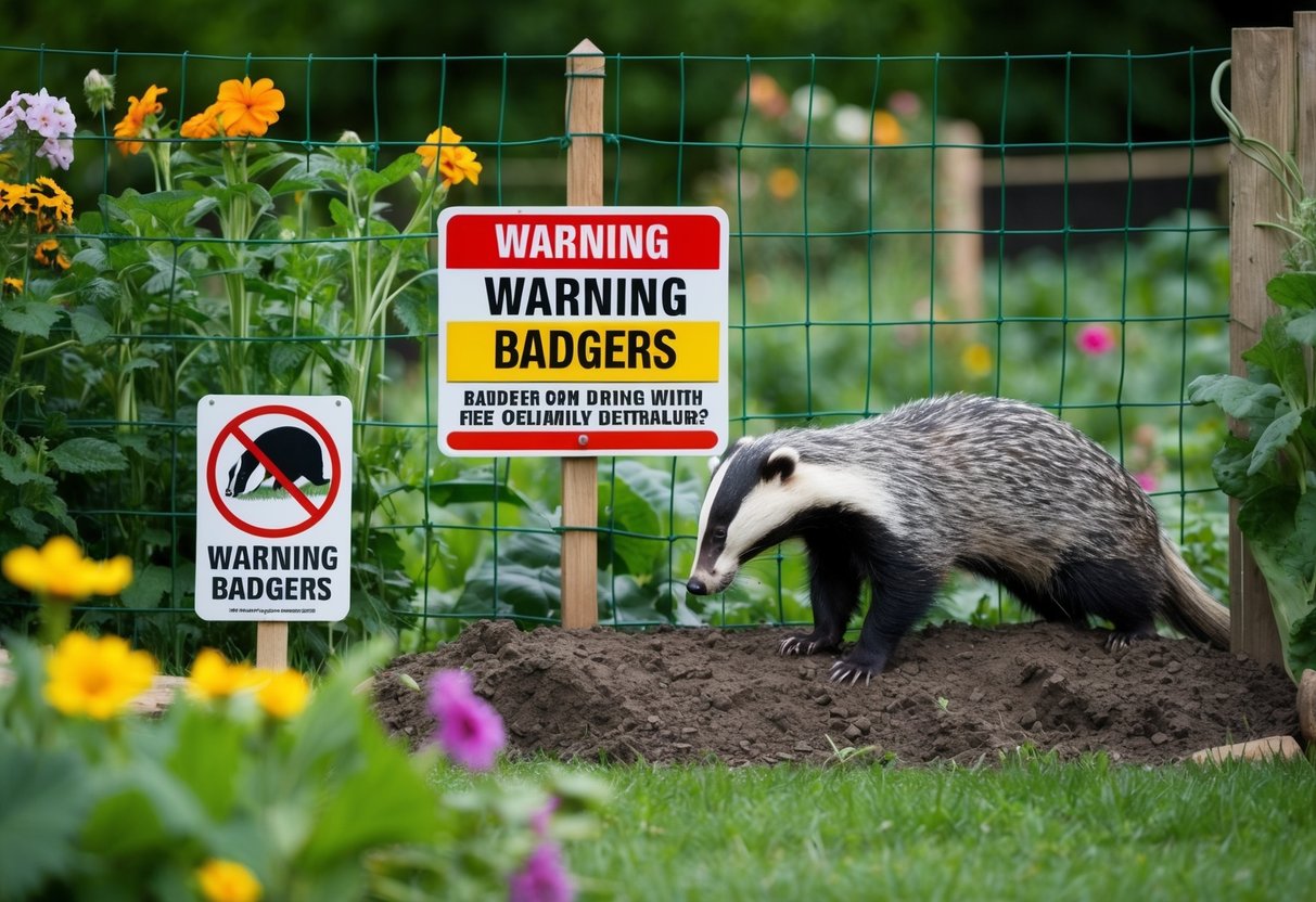 A garden with a fence and signs warning about badgers. A badger den with fresh digging marks. Flowers and vegetables with visible damage