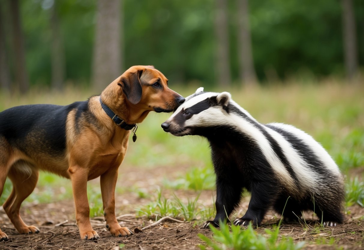 A dog and a badger face off in a forest clearing. The dog looks curious, while the badger appears cautious. The scene is filled with tension as the animals size each other up