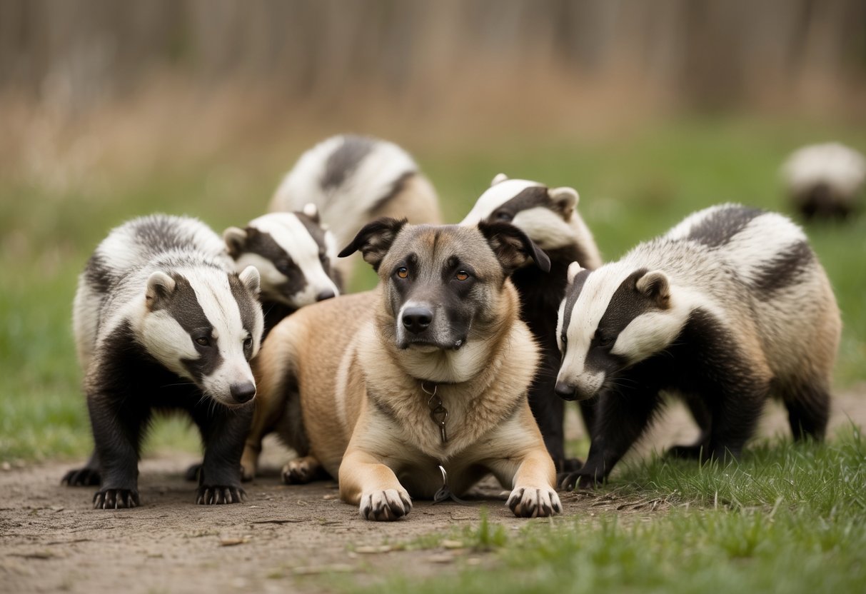 A dog lying on the ground, surrounded by badgers. The dog looks sick and weak, while the badgers appear unharmed