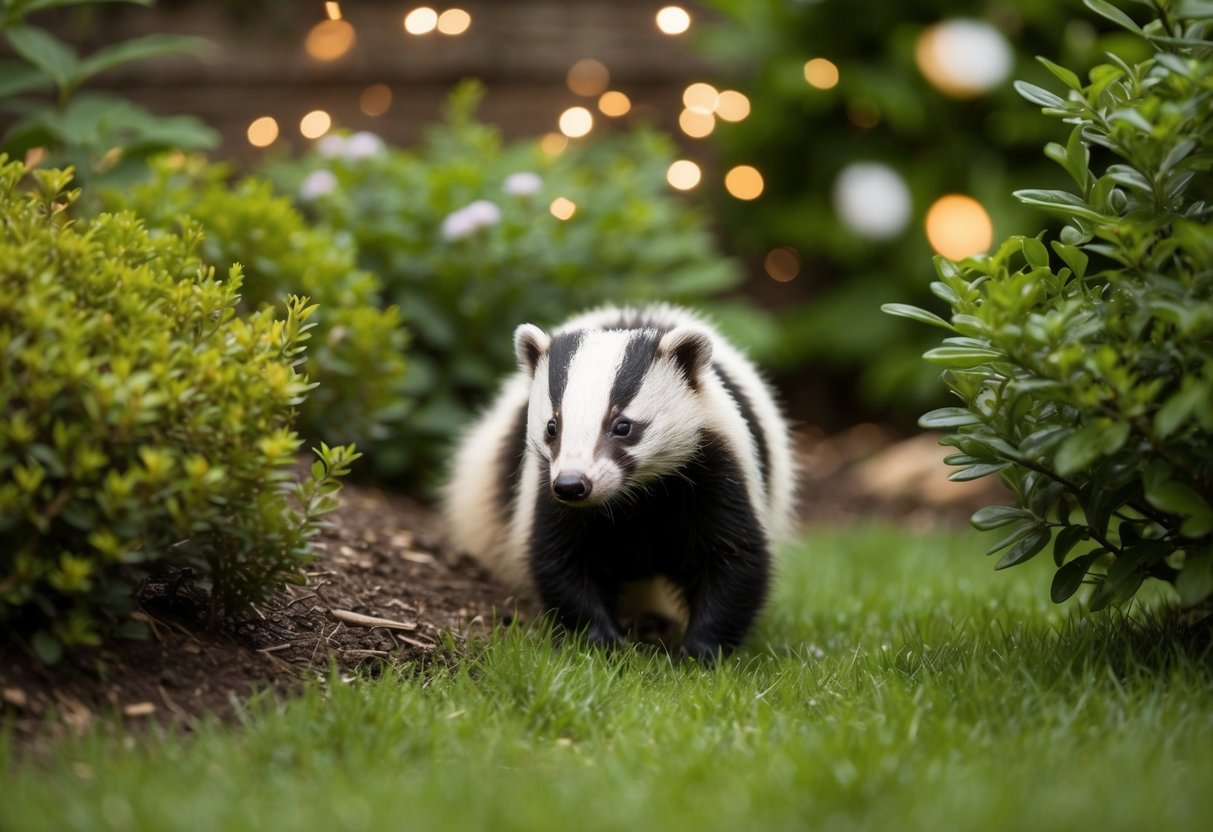 A garden with a badger set nestled among bushes and trees