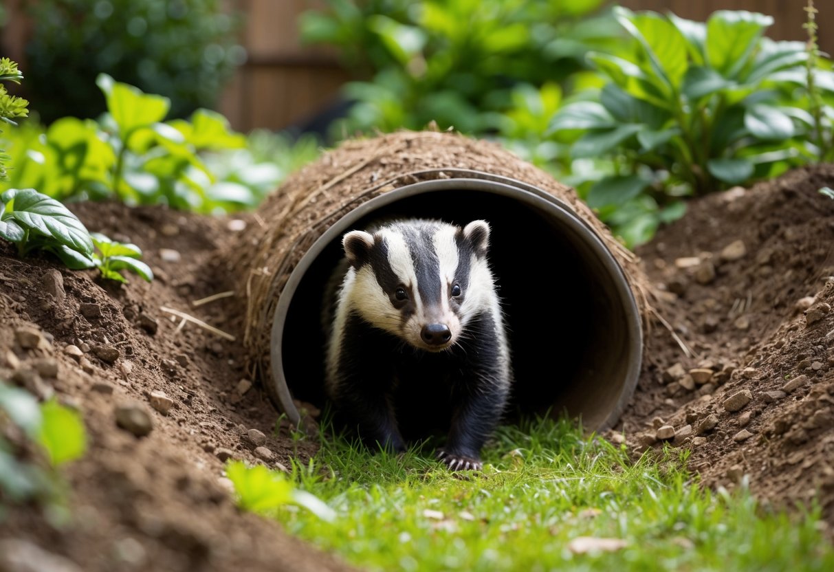 A badger set nestled in a lush garden, with tunnels leading to and from the entrance, surrounded by scattered earth and foliage