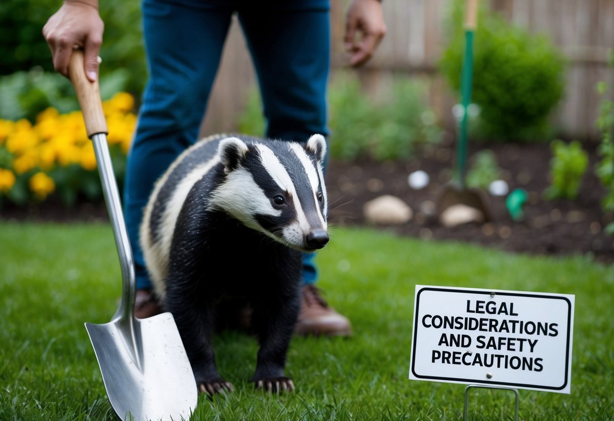 A person holding a shovel and looking at a badger set in a garden, with a sign nearby indicating "Legal Considerations and Safety Precautions."