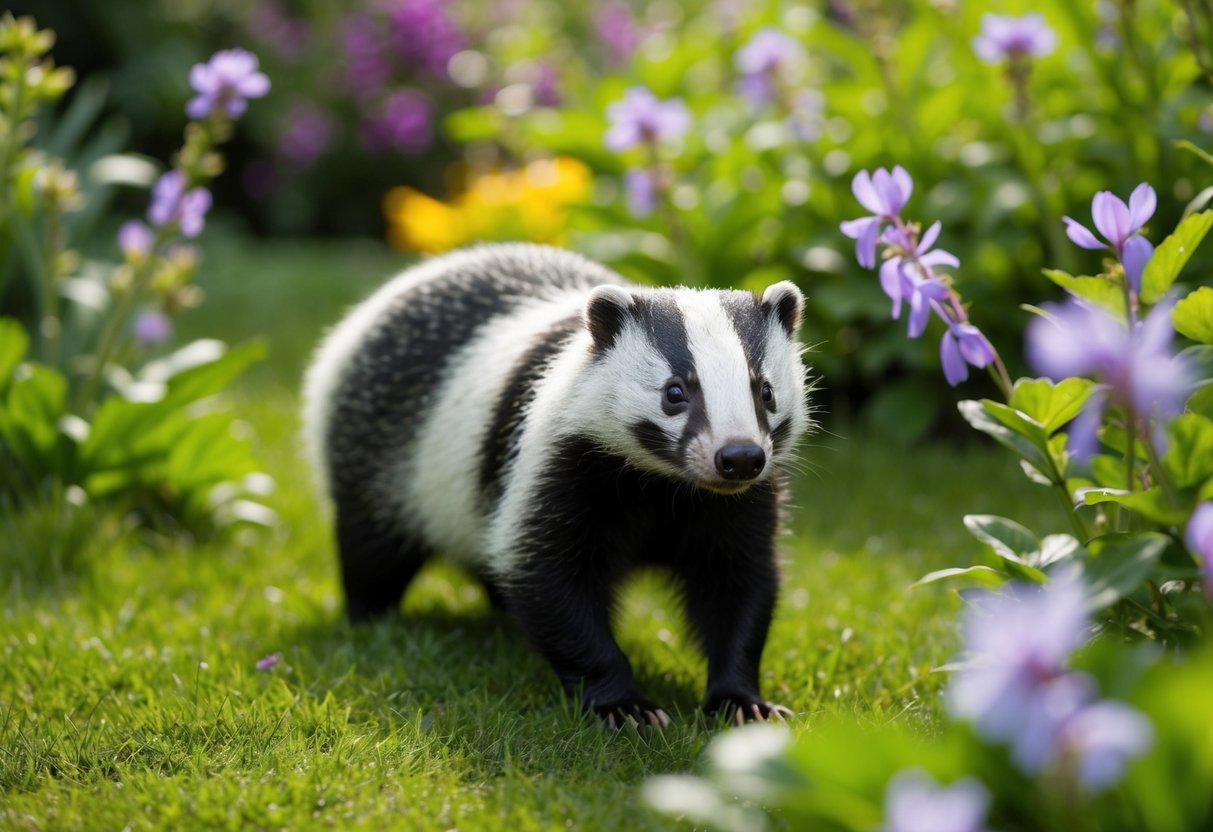 A badger set in a lush garden, surrounded by non-lethal deterrents and habitat modifications to discourage the badgers from returning