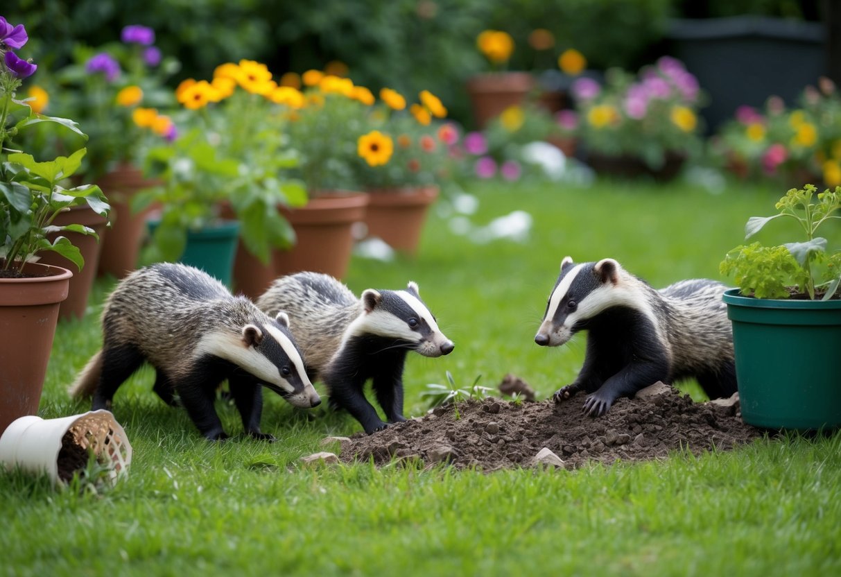 A garden with overturned flower pots, torn plants, and a family of badgers digging
