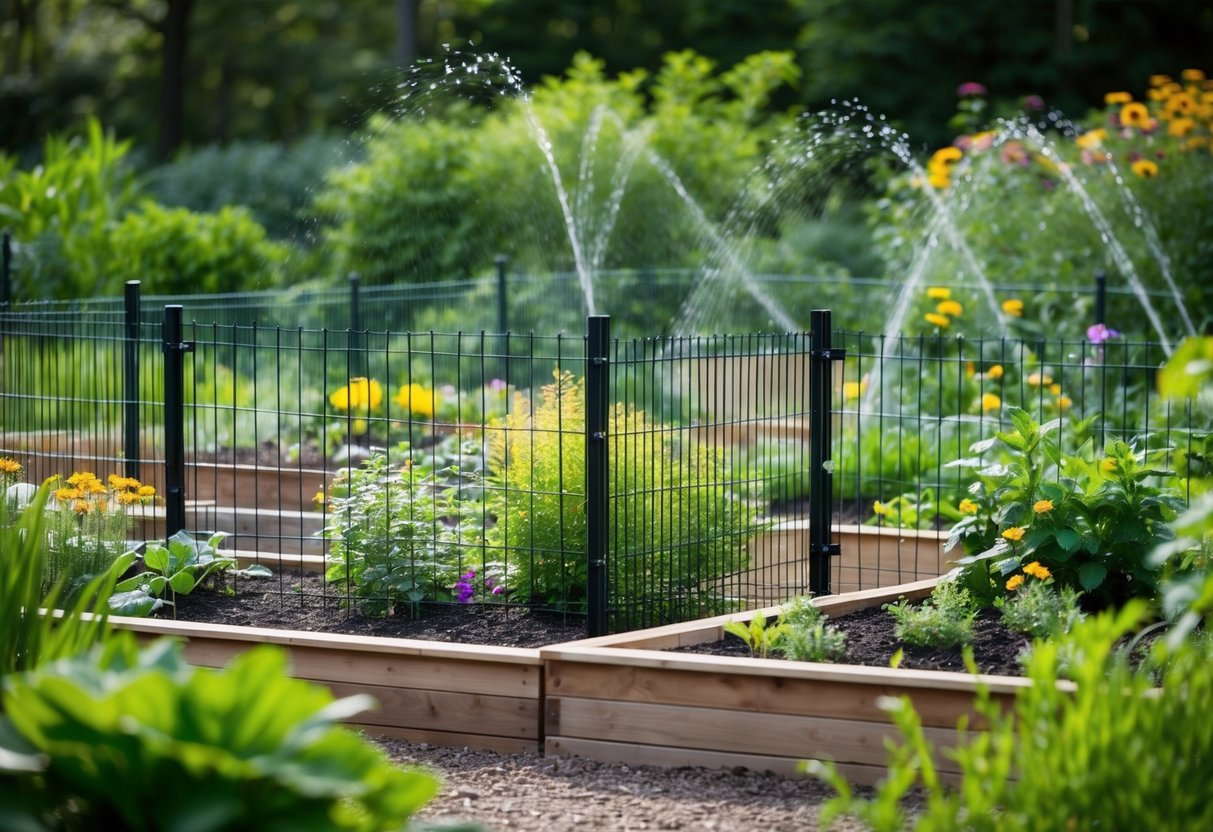 A badger-proof fence encloses a flourishing garden with raised beds and a variety of plants, while motion-activated sprinklers and natural deterrents keep the curious critters at bay