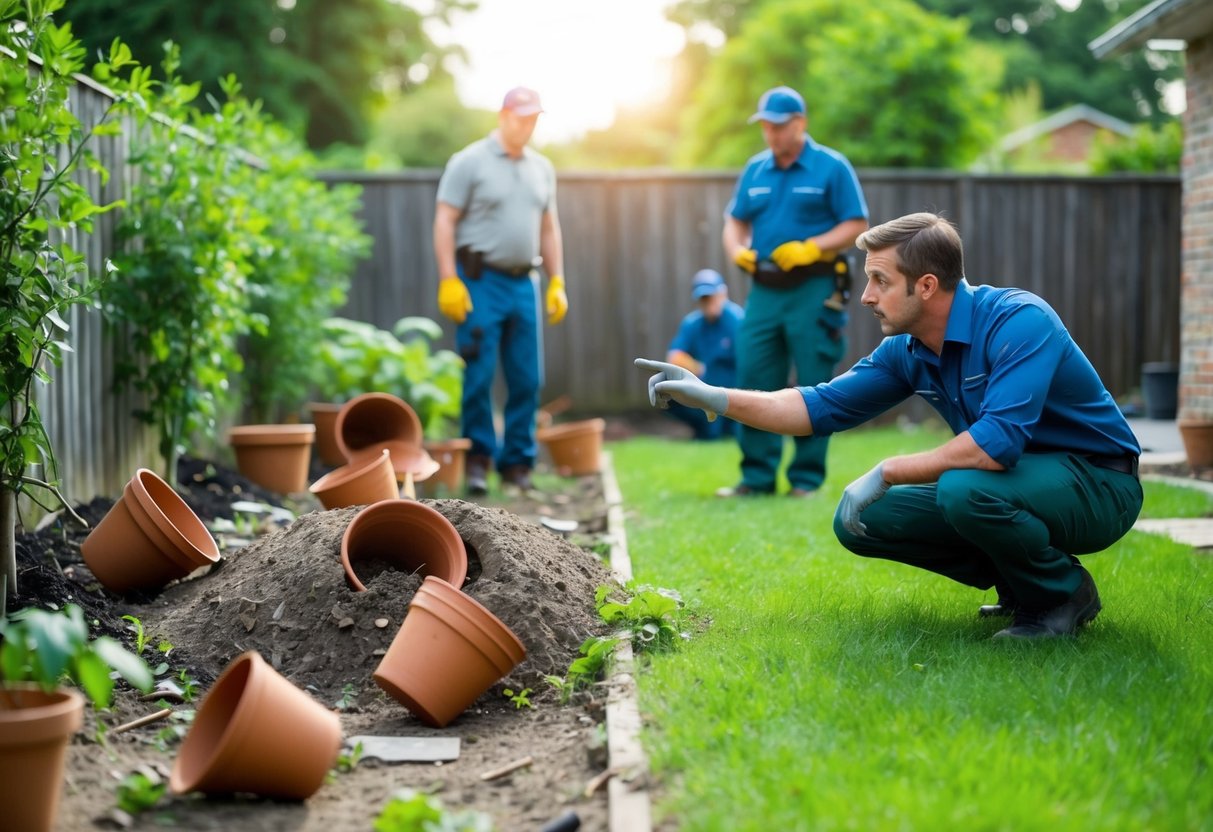 A garden with overturned pots and scattered debris, a worried homeowner gesturing towards a burrow while a professional wildlife removal team assesses the situation