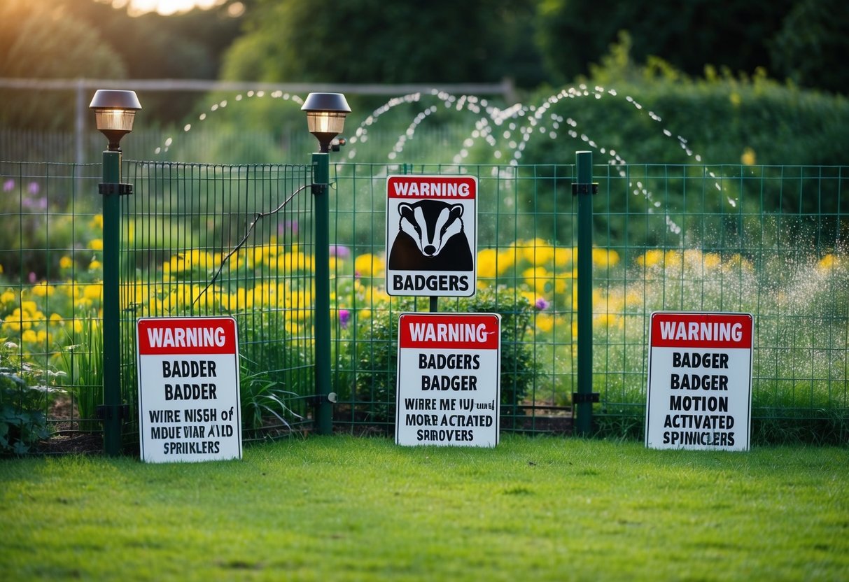 A garden with a fence and signs warning of badgers, surrounded by deterrents like wire mesh and motion-activated sprinklers