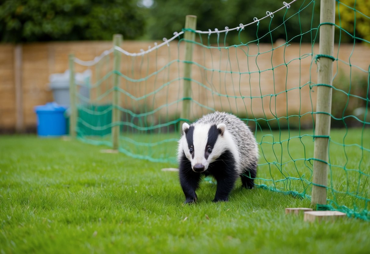 A garden in the UK with deterrents such as fences, netting, and scent repellents to keep badgers away