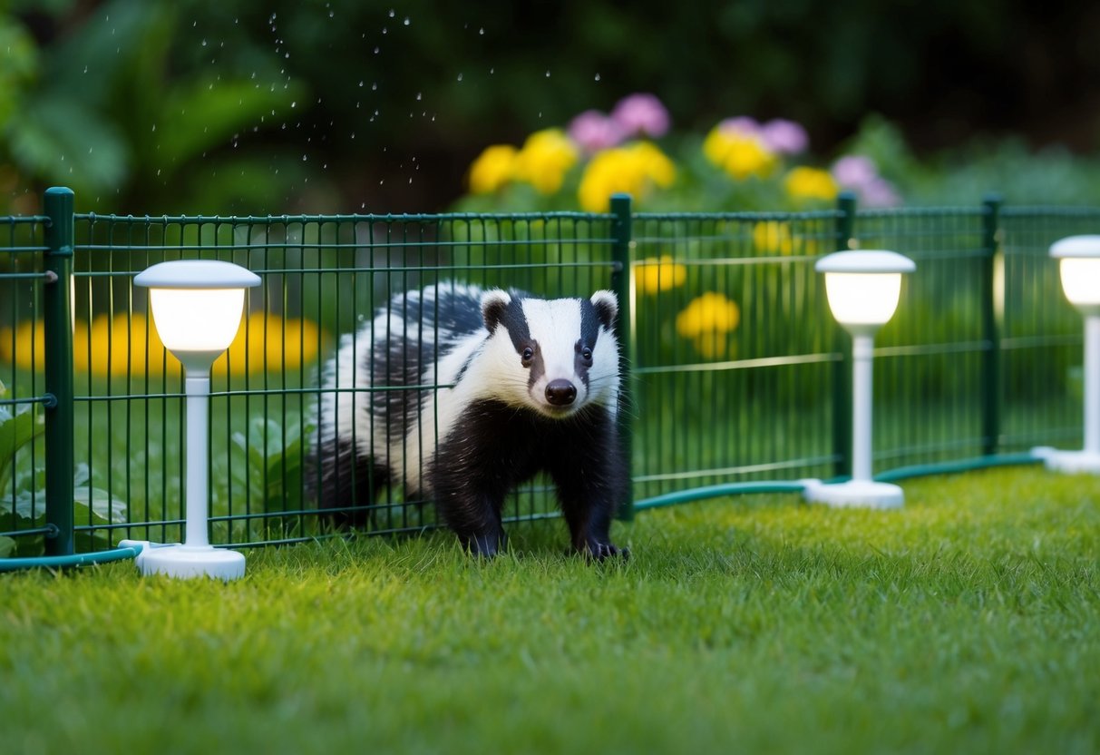 A badger-proof fence surrounds a lush garden, with motion-activated sprinklers and bright lights installed to deter the animals