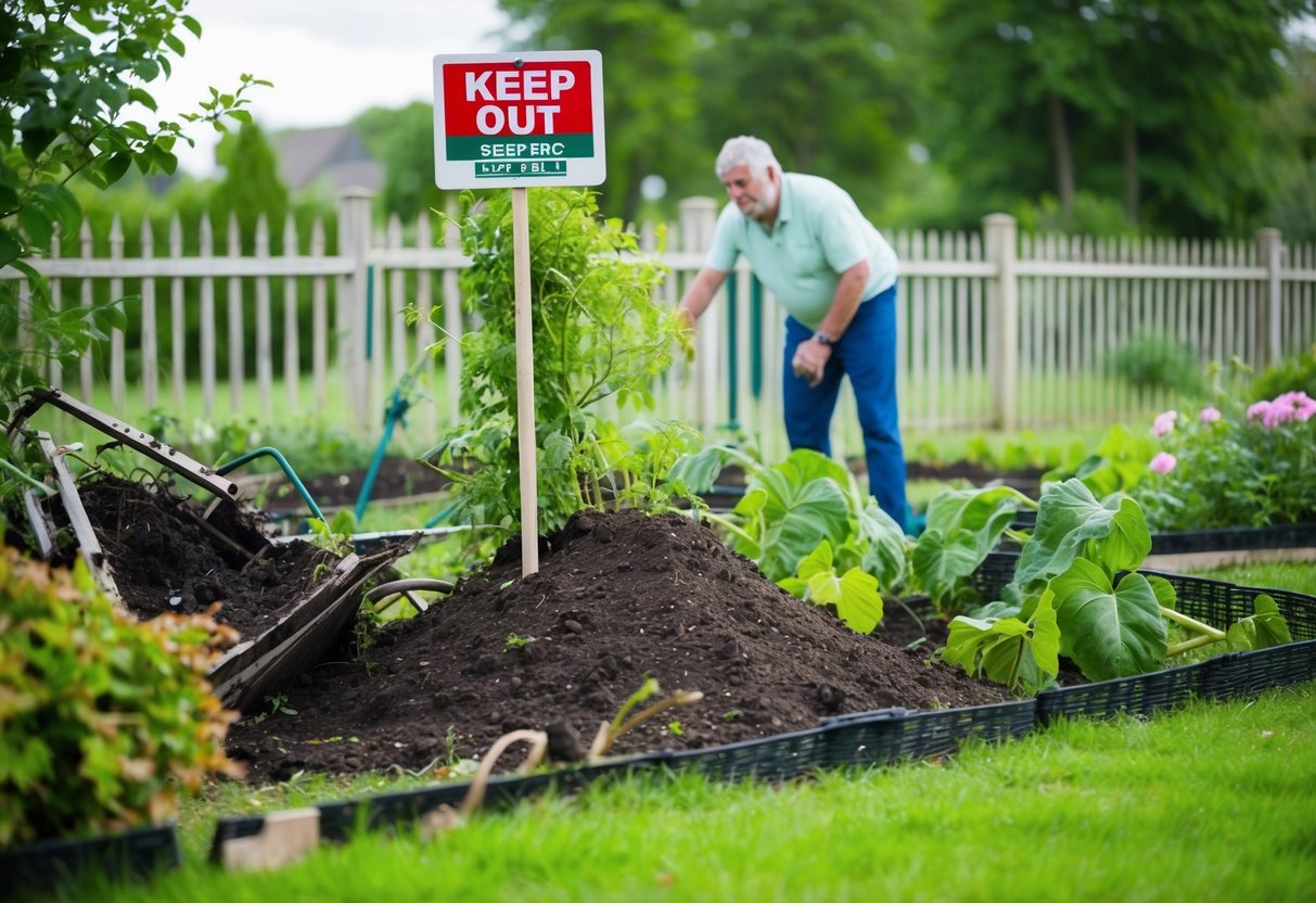 A garden with overturned soil and damaged plants, surrounded by a fence with a "Keep Out" sign. A frustrated homeowner looking at the mess
