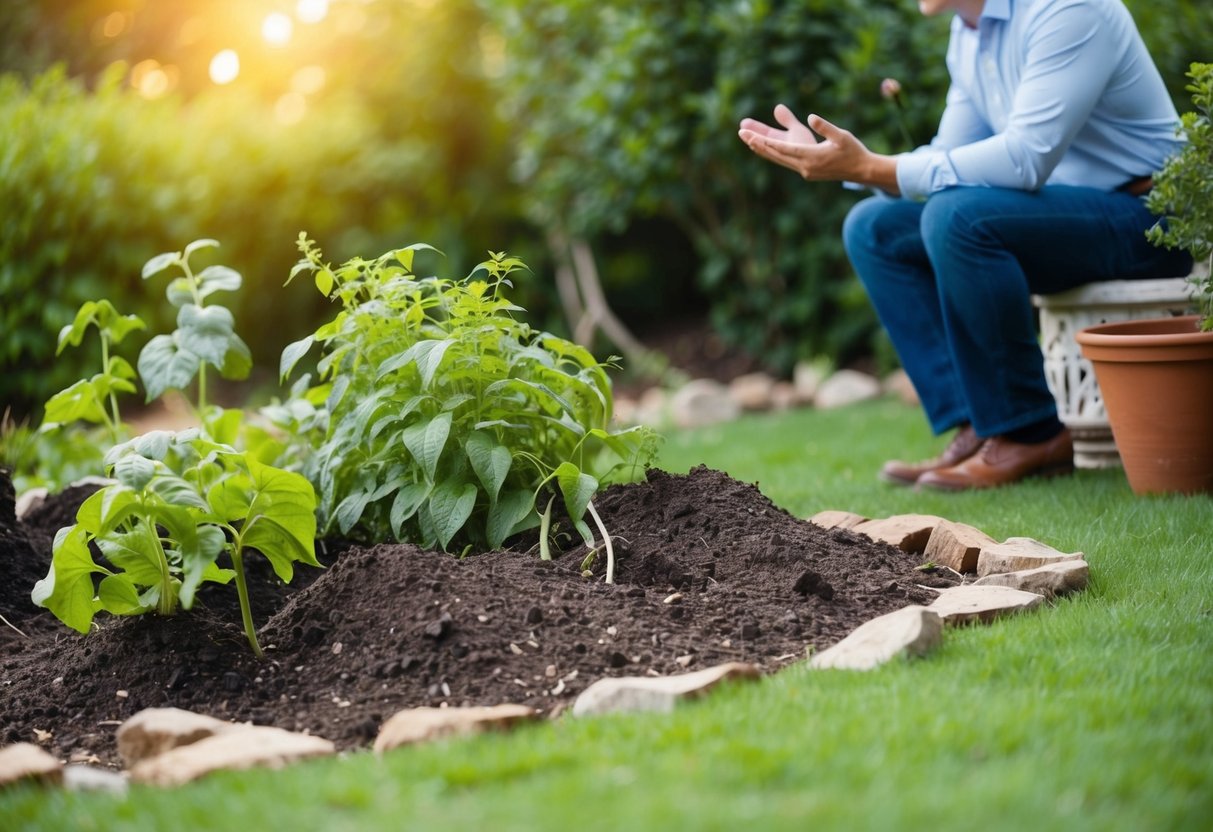 A garden with upturned soil, damaged plants, and a frustrated homeowner speaking with wildlife authorities