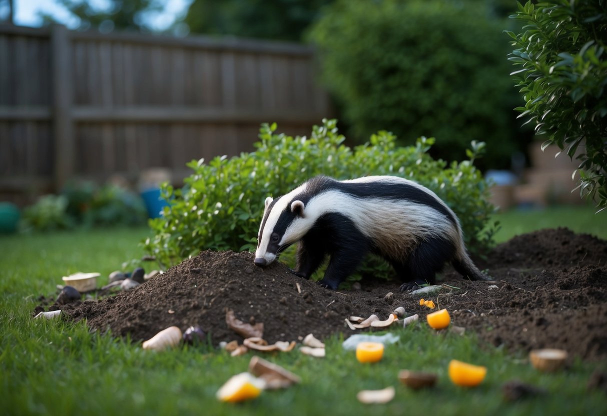 A garden with overturned soil, scattered food scraps, and a small burrow beneath a bush, with a badger emerging at dusk