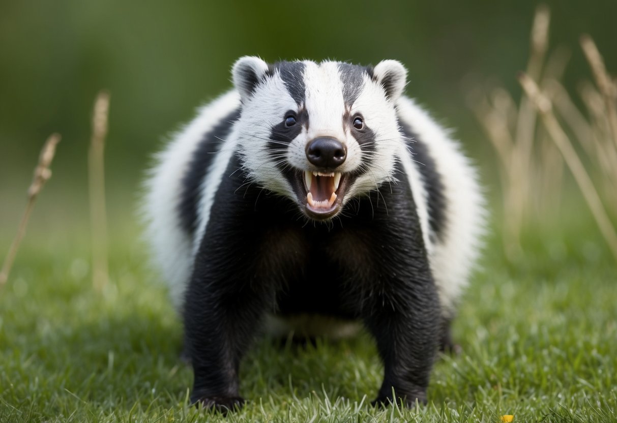 A badger snarls and bares its teeth, standing defensively with raised fur and sharp claws