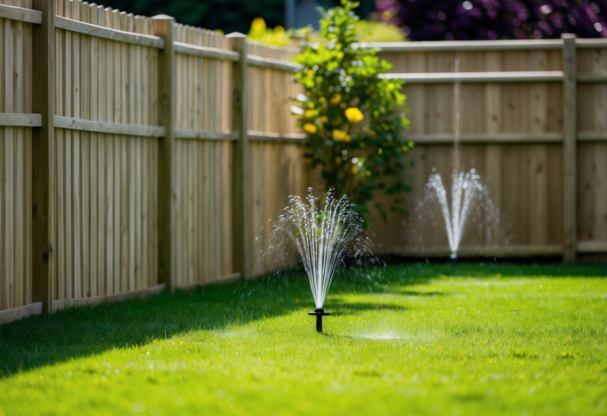 A sturdy fence surrounds a garden, with a motion-activated sprinkler system positioned to deter badgers