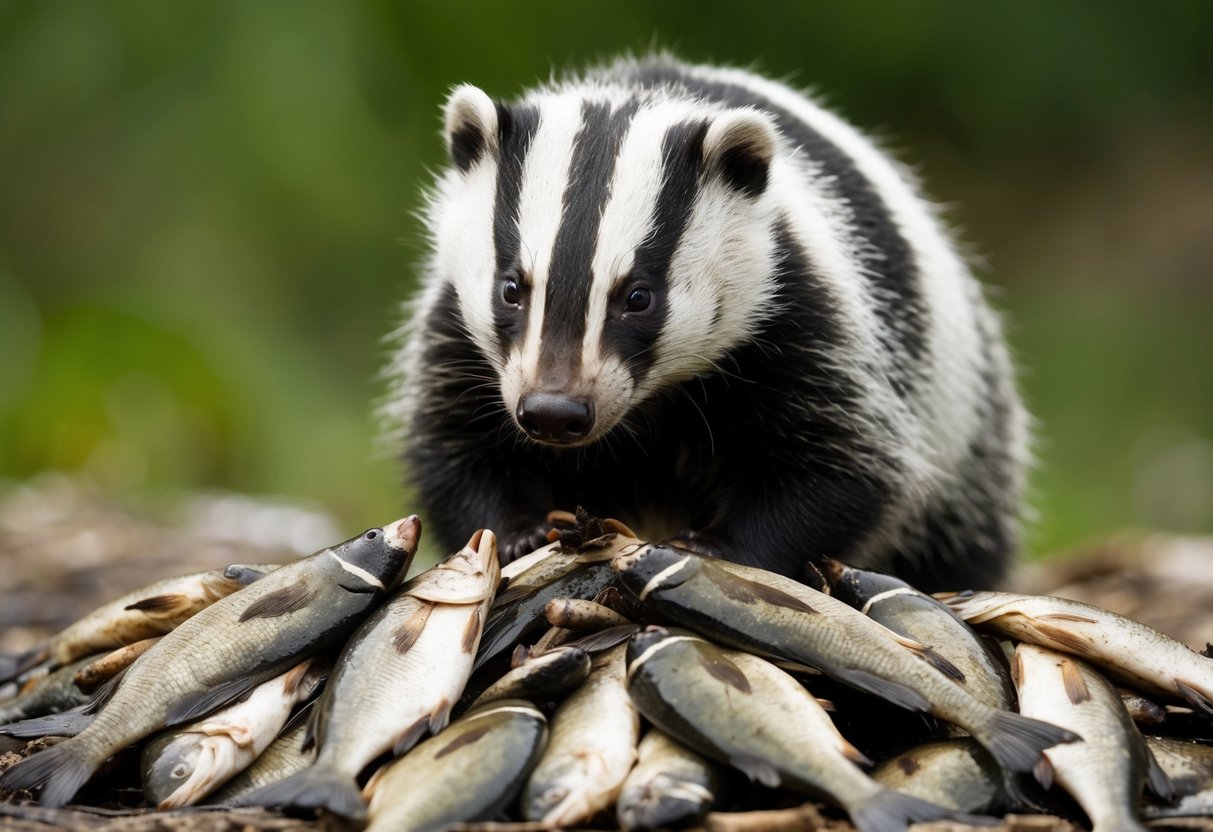 A badger snarls at a pile of decaying fish, wrinkling its nose at the foul scent