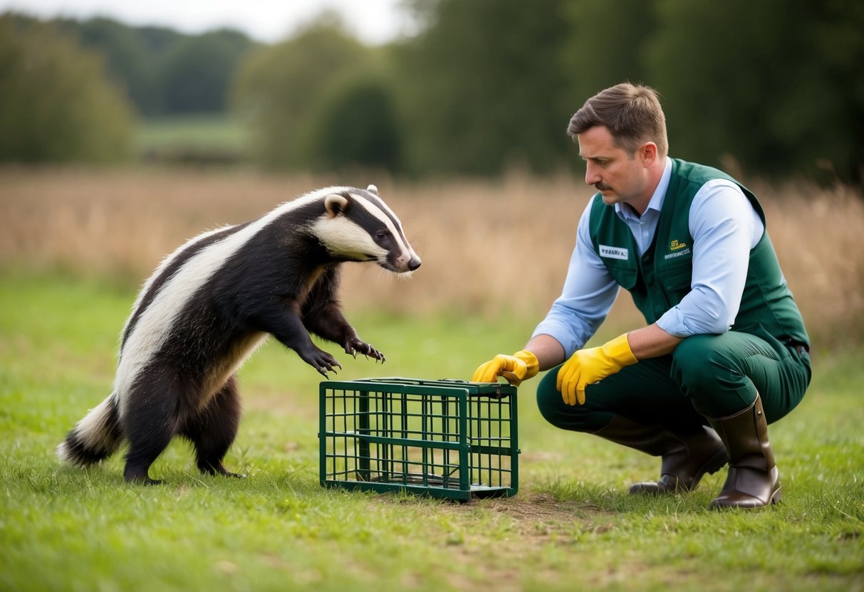 A professional badger management expert setting a humane trap in a rural setting