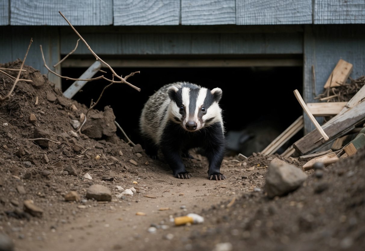 A badger emerges from under a shed, surrounded by overturned dirt and scattered debris