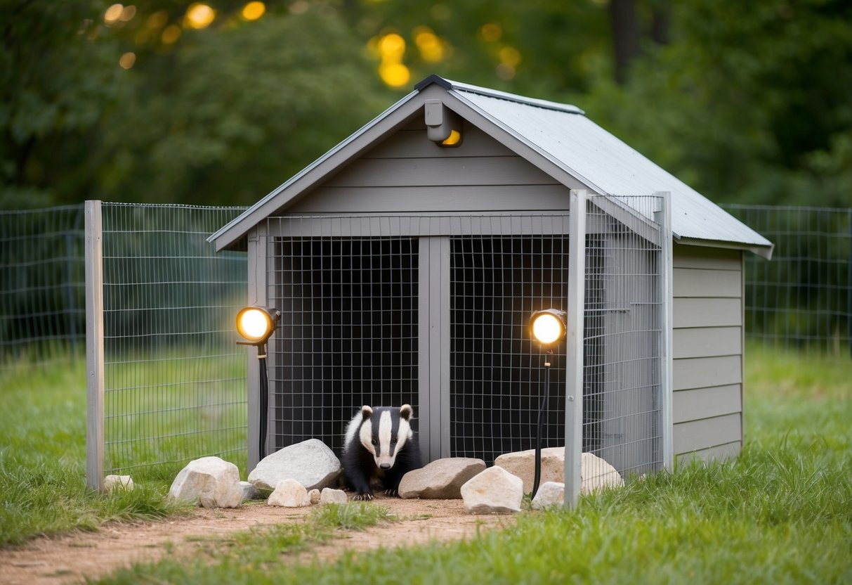 A badger deterrent scene showing a shed with a barricade of wire mesh and rocks around the entrance. Bright lights and loud noises are also present