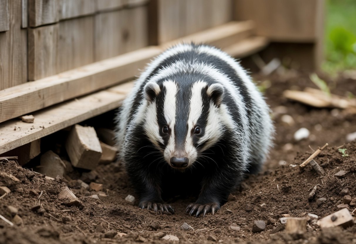A badger burrows under a wooden shed, surrounded by overturned soil and scattered debris