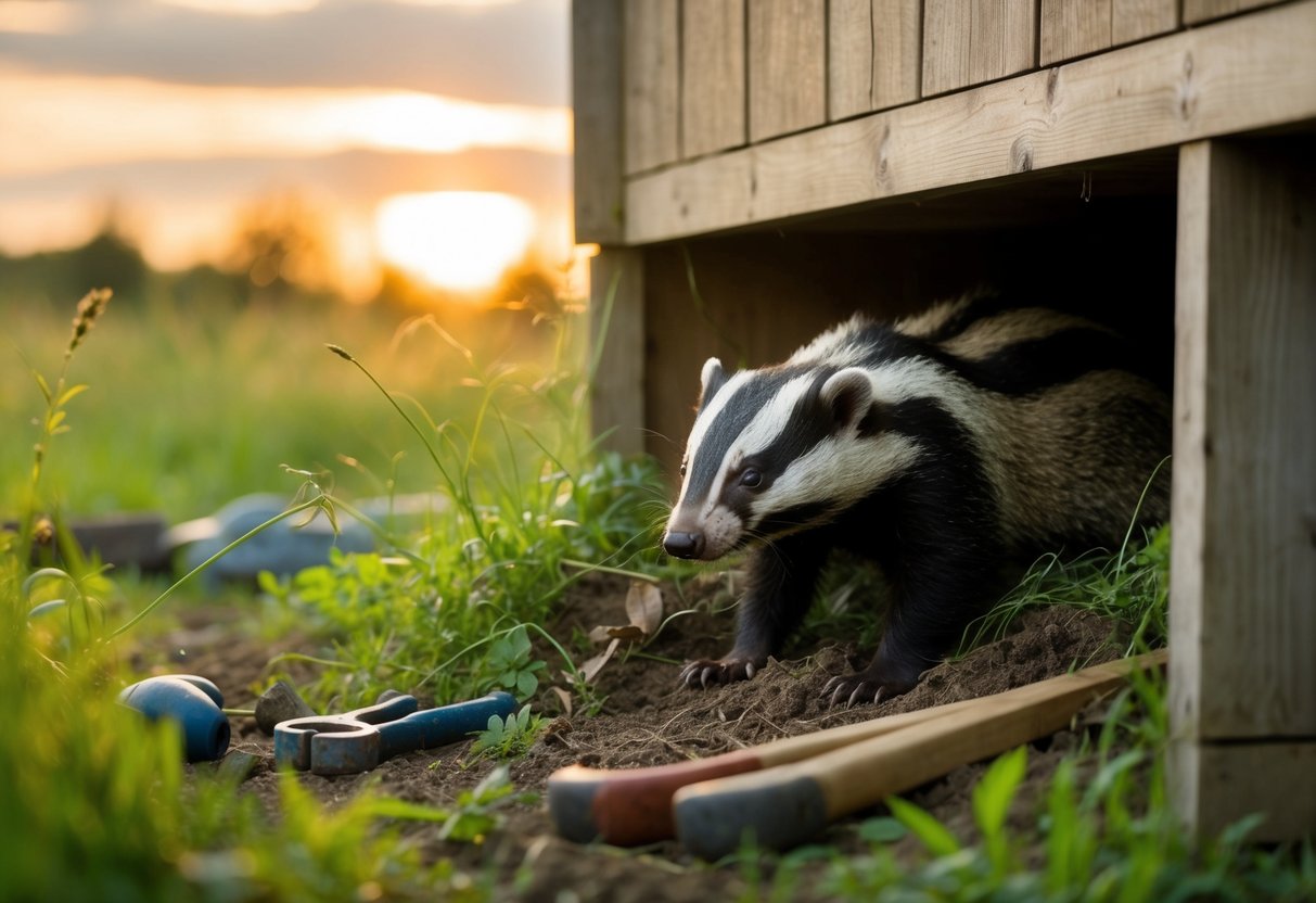 A badger burrows under a wooden shed, surrounded by overgrown grass and scattered tools. The sun sets in the background, casting long shadows