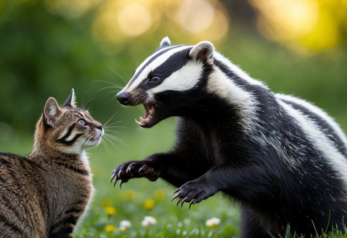A badger growls at a wary cat, its claws raised in defense