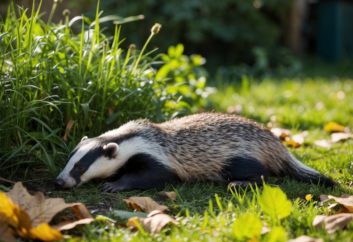 A dead badger lies in a garden, surrounded by overgrown grass and fallen leaves. The sun casts long shadows across the scene