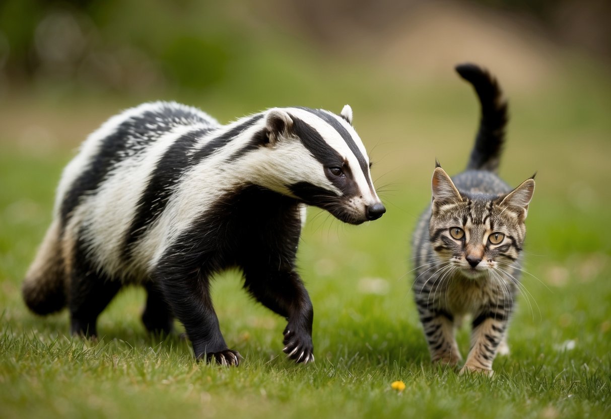 A badger cautiously approaches a cat, sniffing the air with curiosity. The cat watches warily, ready to flee at any sign of aggression