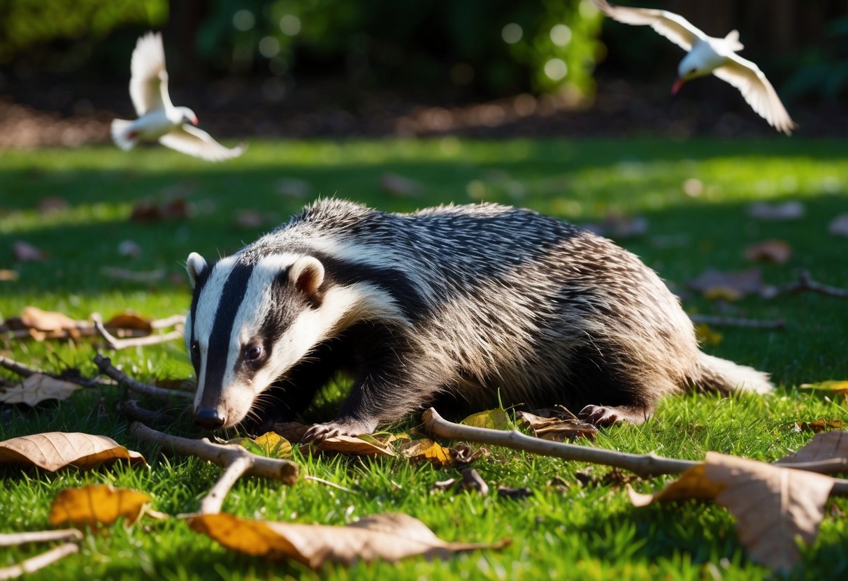 A dead badger lies in a garden, surrounded by scattered leaves and twigs. Birds circle overhead, and the sun casts long shadows across the scene
