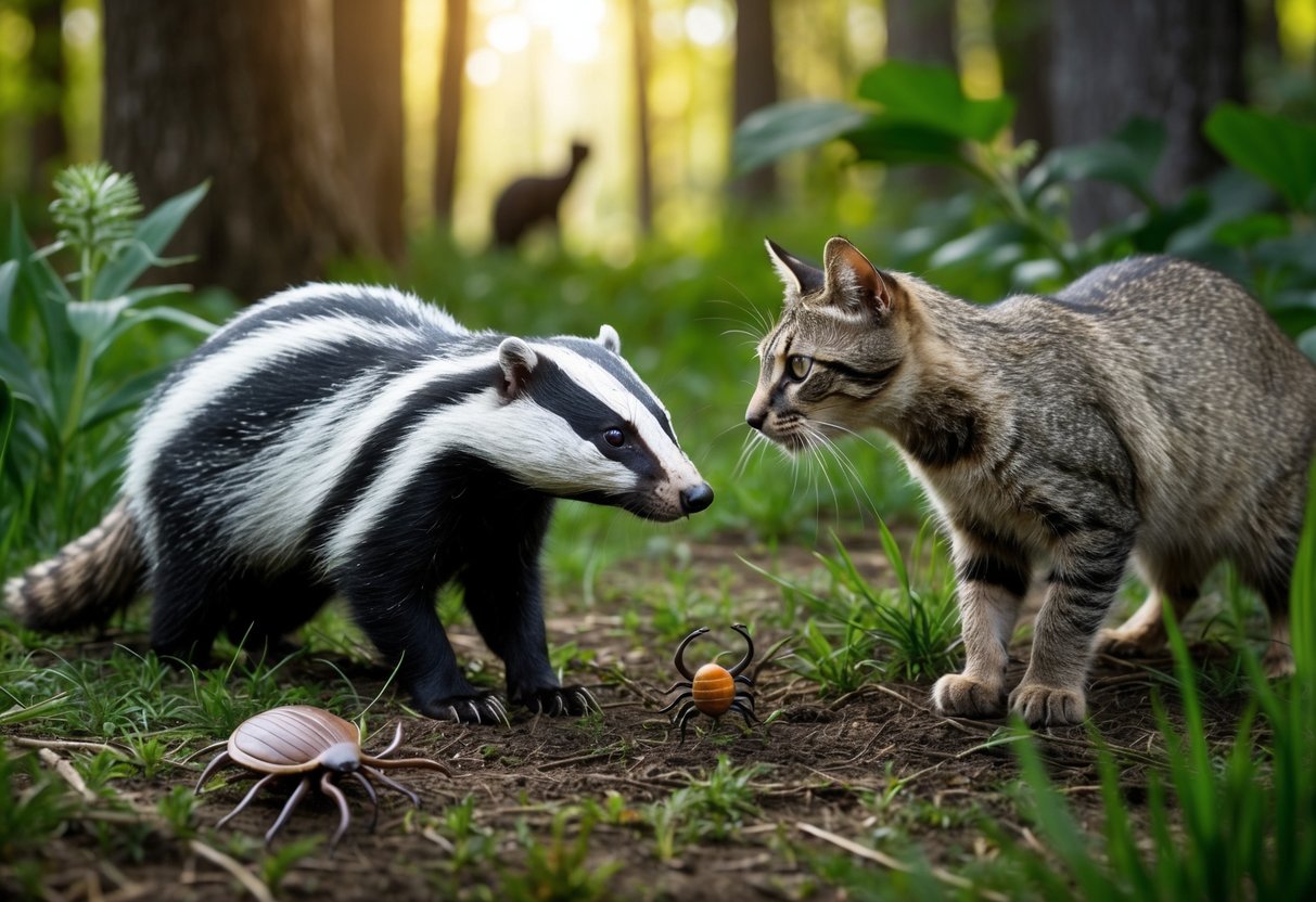 A badger and a cat face off in a forest clearing, while a disease-carrying tick lurks in the grass. The ecosystem is depicted with various plants and animals in the background
